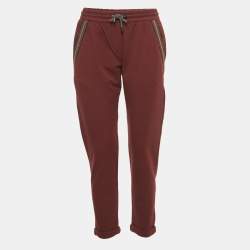 Brunello Cucinelli Burgundy Cotton Beaded Jogger Pants S