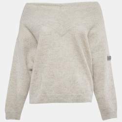 Brunello Cucinelli Grey Applique Lurex Knit V-Neck Sweater XS