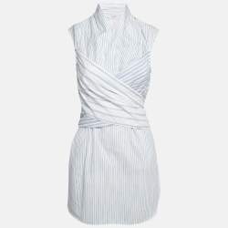 Brunello Cucinelli White/Blue Pinstripe Cotton Draped Sleeveless Blouse M