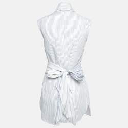 Brunello Cucinelli White/Blue Pinstripe Cotton Draped Sleeveless Blouse M