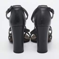 Brunello Cucinelli Grey Leather Embellished Cross Strap Block Heel Sandals Size 39