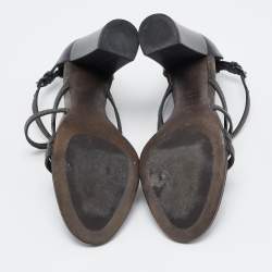 Brunello Cucinelli Grey Leather Embellished Cross Strap Block Heel Sandals Size 39