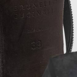 Brunello Cucinelli Grey Leather Embellished Cross Strap Block Heel Sandals Size 39