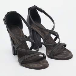 Brunello Cucinelli Grey Leather Embellished Cross Strap Block Heel Sandals Size 39