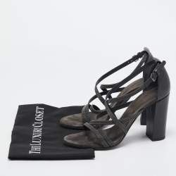 Brunello Cucinelli Grey Leather Embellished Cross Strap Block Heel Sandals Size 39