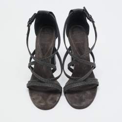Brunello Cucinelli Grey Leather Embellished Cross Strap Block Heel Sandals Size 39