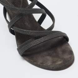 Brunello Cucinelli Grey Leather Embellished Cross Strap Block Heel Sandals Size 39