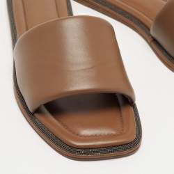 Brunello Cucinelli Brown Leather  Square Toe Flat Slide Size 39