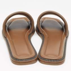 Brunello Cucinelli Brown Leather  Square Toe Flat Slide Size 39