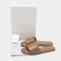 Brunello Cucinelli Brown Leather  Square Toe Flat Slide Size 39