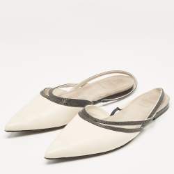 Brunello Cucinelli Cream Leather Embellished Slingback Flats 41