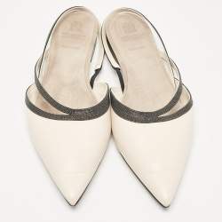 Brunello Cucinelli Cream Leather Embellished Slingback Flats 41