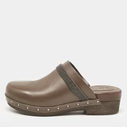 Brunello Cucinelli Dark Brown Leather Platform Clogs Size 39