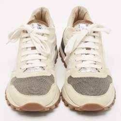 Pre Owned Brunello Cucinelli White/Grey Nylon and Suede Low Top Sneakers Size 39