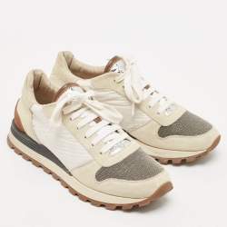 Pre Owned Brunello Cucinelli White/Grey Nylon and Suede Low Top Sneakers Size 39