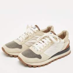 Pre Owned Brunello Cucinelli White/Grey Nylon and Suede Low Top Sneakers Size 39