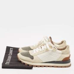 Pre Owned Brunello Cucinelli White/Grey Nylon and Suede Low Top Sneakers Size 39