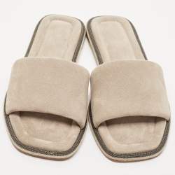 Brunello Cucinelli Grey Suede Square Toe Flat Slide Size 37.5