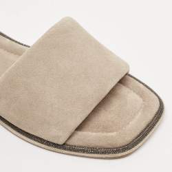 Brunello Cucinelli Grey Suede Square Toe Flat Slide Size 37.5