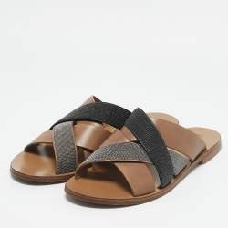 Brunello Cucinelli Multicolor Beads and Leather Crossover Flat Sandals Size 40