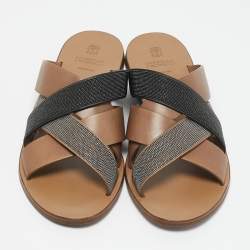 Brunello Cucinelli Multicolor Beads and Leather Crossover Flat Sandals Size 40