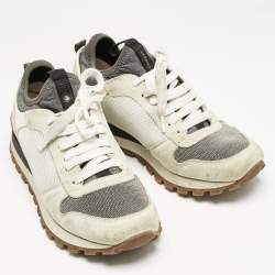 Brunello Cucinelli Grey/White Suede and Mesh Low Top Sneakers Size 39