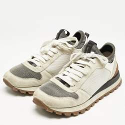 Brunello Cucinelli Grey/White Suede and Mesh Low Top Sneakers Size 39