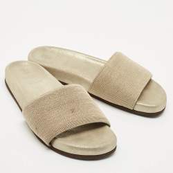 Brunello Cucinelli Gold Metal and Suede Flat Slides Size 40