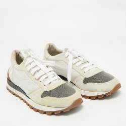 Brunello Cucinelli Grey/White Suede and Fabric Low Top Sneakers Size 39
