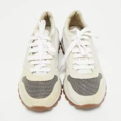 Brunello Cucinelli Grey/White Suede and Fabric Low Top Sneakers Size 39
