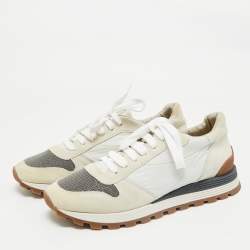 Brunello Cucinelli Grey/White Suede and Fabric Low Top Sneakers Size 39