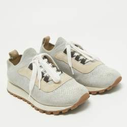 Pre Owned Brunello Cucinelli Grey/Silver Suede and Mesh Low Top Sneakers Size 38.5