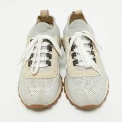 Pre Owned Brunello Cucinelli Grey/Silver Suede and Mesh Low Top Sneakers Size 38.5
