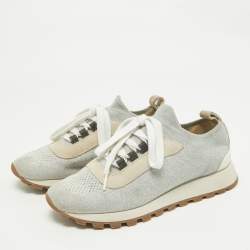 Pre Owned Brunello Cucinelli Grey/Silver Suede and Mesh Low Top Sneakers Size 38.5