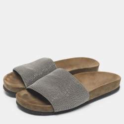 Pre Owned Brunello Cucinelli Silver Metal and Suede Monili Flat Slides Size 38