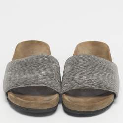 Pre Owned Brunello Cucinelli Silver Metal and Suede Monili Flat Slides Size 38
