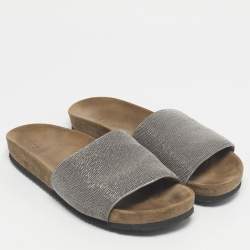 Pre Owned Brunello Cucinelli Silver Metal and Suede Monili Flat Slides Size 38