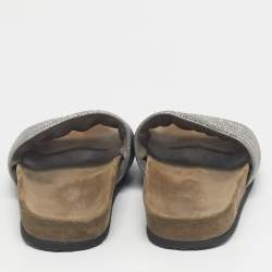 Pre Owned Brunello Cucinelli Silver Metal and Suede Monili Flat Slides Size 38