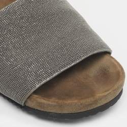 Pre Owned Brunello Cucinelli Silver Metal and Suede Monili Flat Slides Size 38