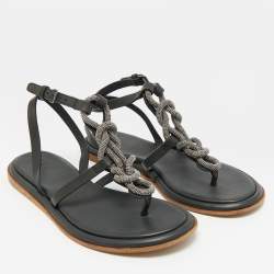 Pre Owned Brunello Cucinelli Black Leather Beads Knot T-Strap Flat Sandals Size 38