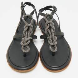 Pre Owned Brunello Cucinelli Black Leather Beads Knot T-Strap Flat Sandals Size 38
