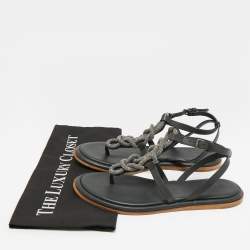 Pre Owned Brunello Cucinelli Black Leather Beads Knot T-Strap Flat Sandals Size 38