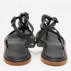 Pre Owned Brunello Cucinelli Black Leather Beads Knot T-Strap Flat Sandals Size 38