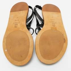 Pre Owned Brunello Cucinelli Black Leather Beads Knot T-Strap Flat Sandals Size 38