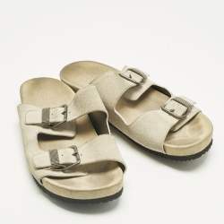 Pre Owned Brunello Cucinelli Off White Suede Flat Slide Sandals Size 38.5