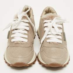 Pre Owned Brunello Cucinelli Grey Leather Lace Up Sneakers Size 35.5