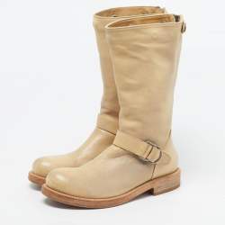 مملوكة مسبقًا Brunello Cucinelli Bike Size 35 Beige Leather Mid Calf Boots
