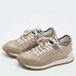 Pre Owned Brunello Cucinelli Monili Size 40.5 Grey/Beige  Satin and Suede Lace Up Sneakers