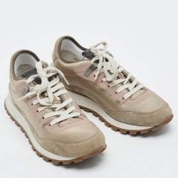 Pre Owned Brunello Cucinelli Monili Size 40.5 Grey/Beige  Satin and Suede Lace Up Sneakers