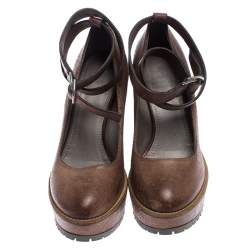 Pre Owned Brunello Cucinelli Brown Textured Leather Ankle Strap Platform Wedge Pumps Size 38